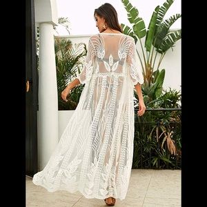White lace kimono duster cover up beach maxi dress